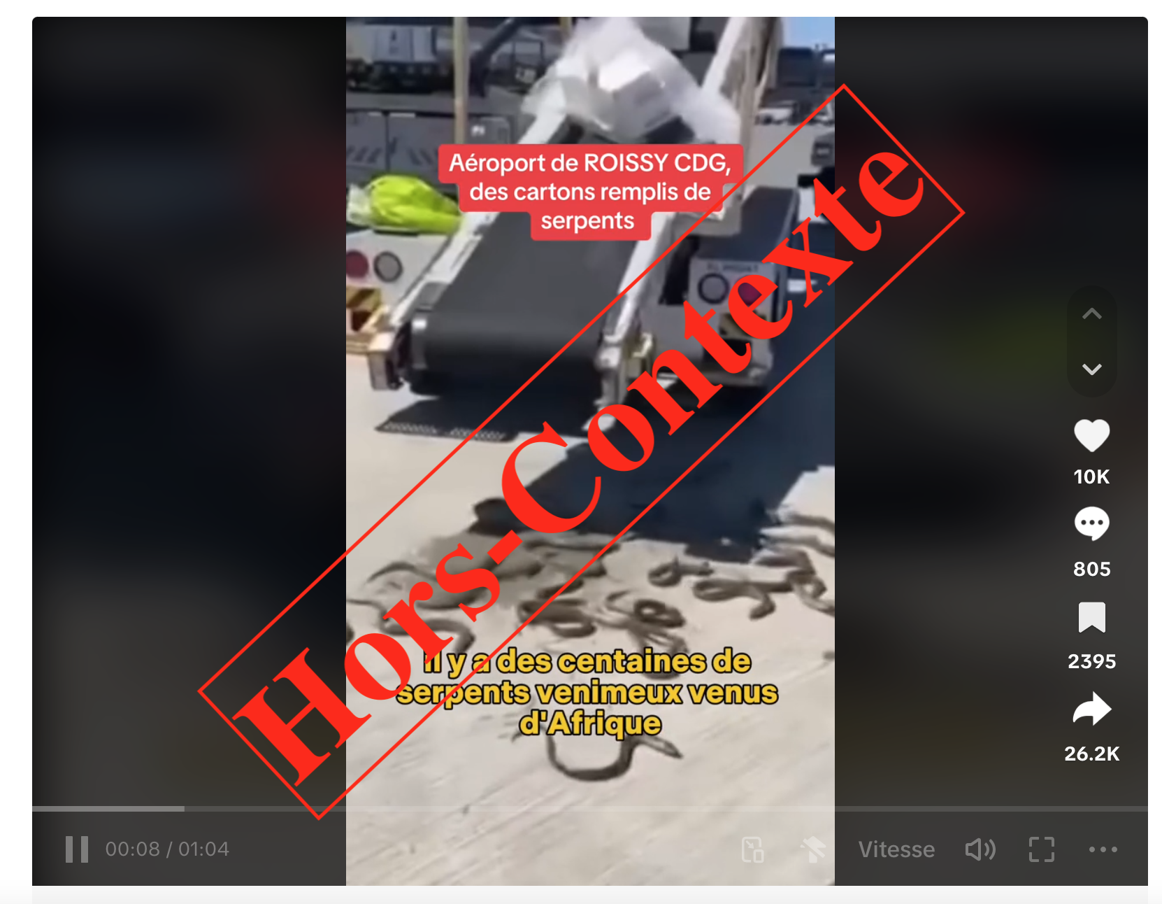  Faux, cette vidéo ne montre pas des serpents venus d’Afrique sur le tarmac de l’aéroport Roissy Charles de Gaulle