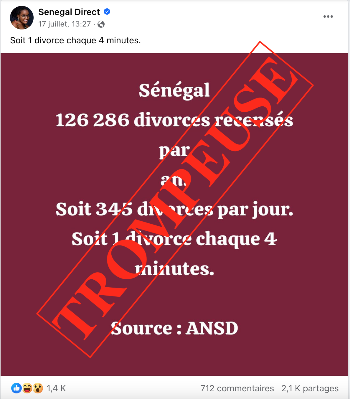 Le nombre de divorces journaliers au Sénégal s’élève-t-il à 345 ?