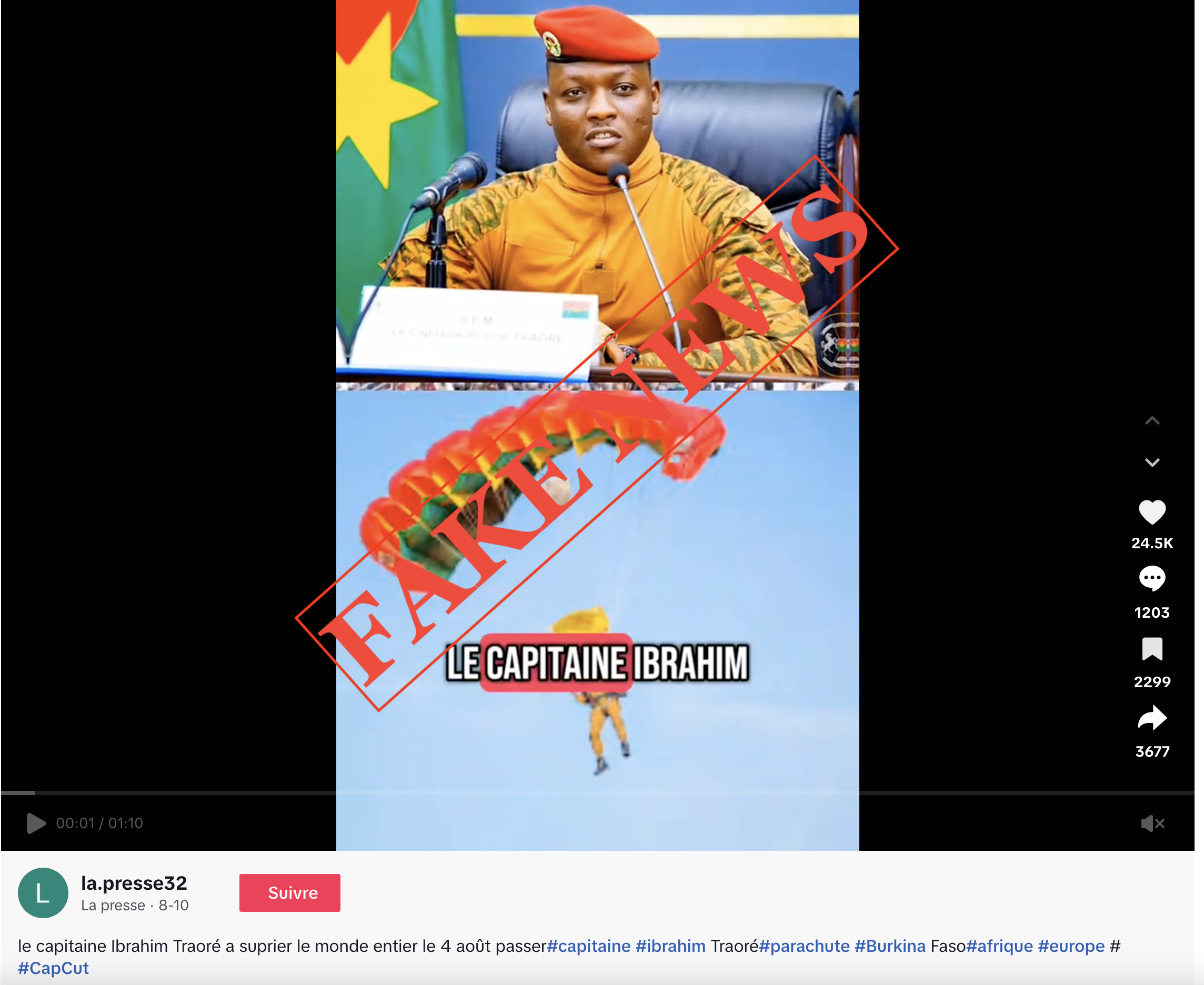 Faux : le président Ibrahim Traoré n’est pas venu en parachute à l’ouverture d’un stade au Burkina Faso