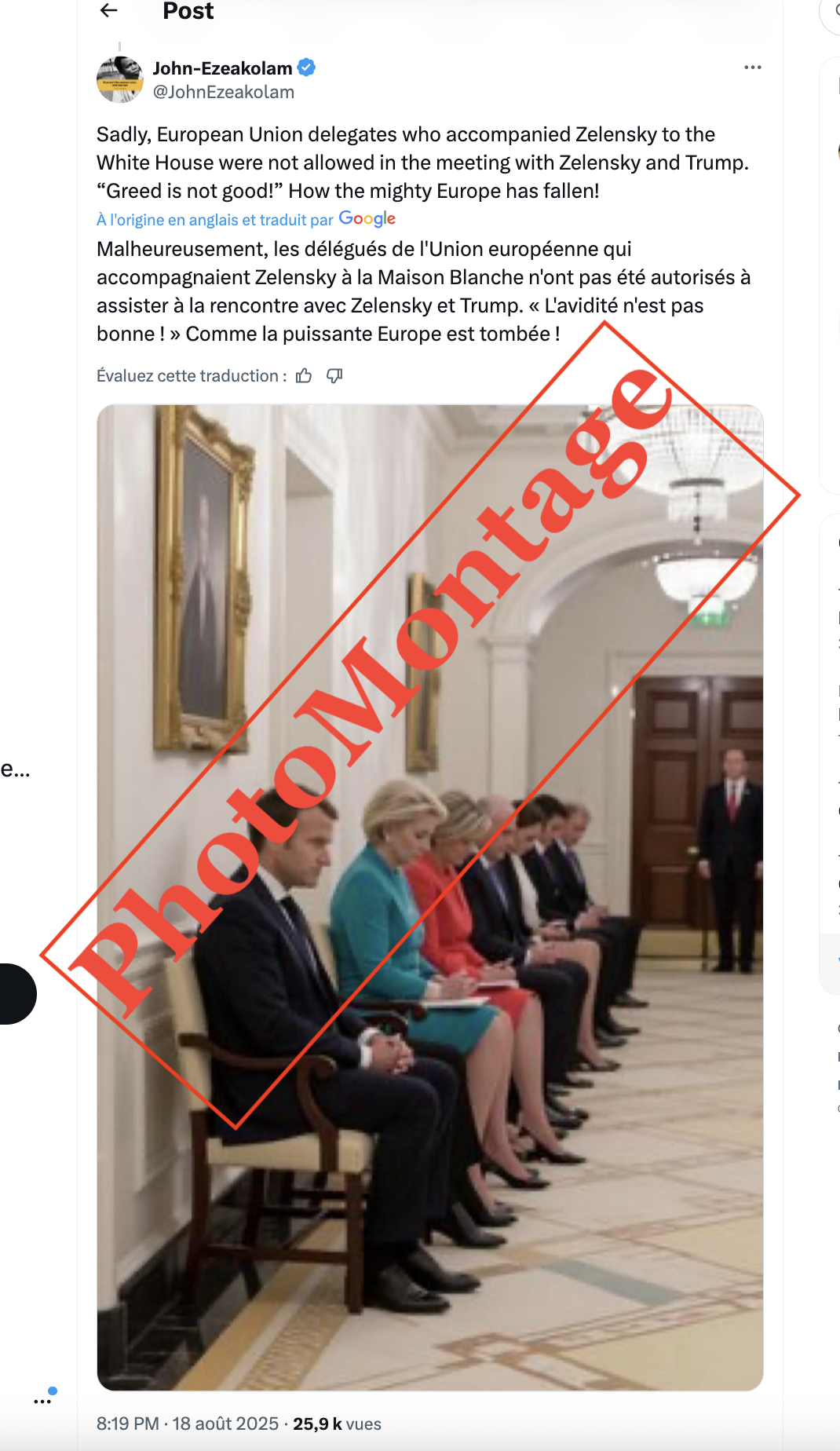 Non, cette image ne prouve pas que les dirigeants européens ont été empêchés de rencontrer Donald Trump à la Maison Blanche