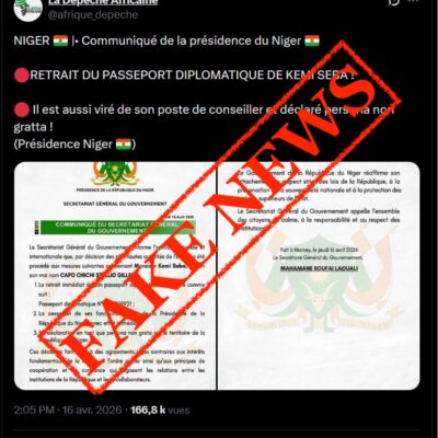 FAUX : Ce communiqué n’émane pas de la Présidence de la République du Niger   