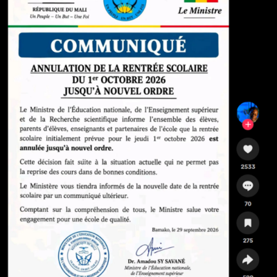 FAUX : Ce communiqué attribuant l&rsquo;annulation de la rentrée scolaire au ministère de l’Éducation nationale du Mali est fabriqué